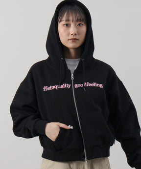 センター3D刺繍立体フードショート丈ZIPパーカー / レディース パーカー 裏起毛 ヘビーウエイト フーディ ダブルジップ 【短丈】 ブラック