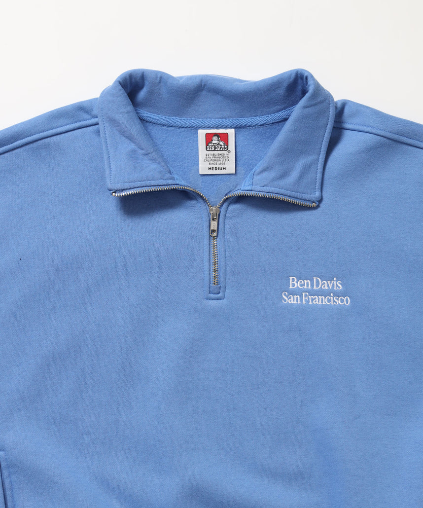 BD SWEAT HALF ZIP / スウェット ハーフジップ ワンポイント刺繍 裏起毛 サイドポケット ユニセックス スカイブルー