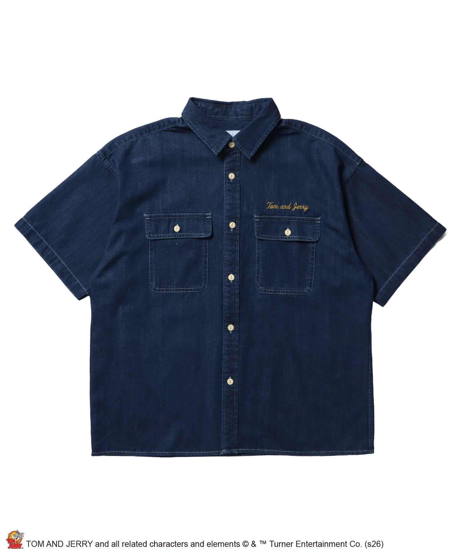 TJ EMB. DENIM SHIRTS / トムとジェリー シャツ オーバーサイズ 半袖 刺繍 ワンポイント プリント デニム ユニセックス 加工 ダークネイビー