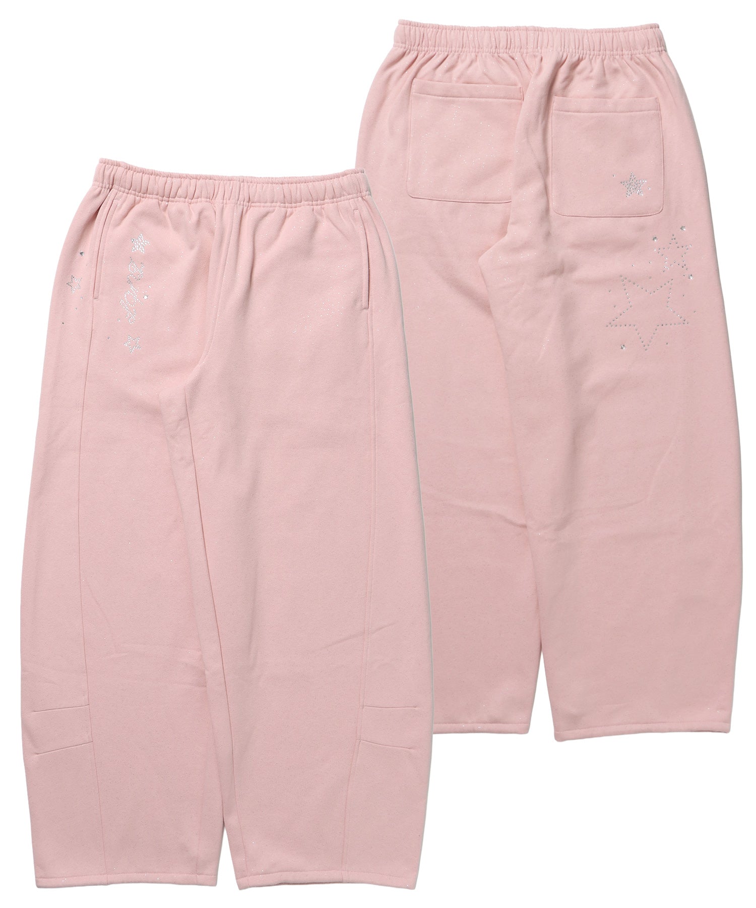 sqnz glitter sweat pants / グリッター スウェットパンツ ラインストーン ドローストリング ポケット 裏起毛 【セットアップ着用可能】 ペールピンク