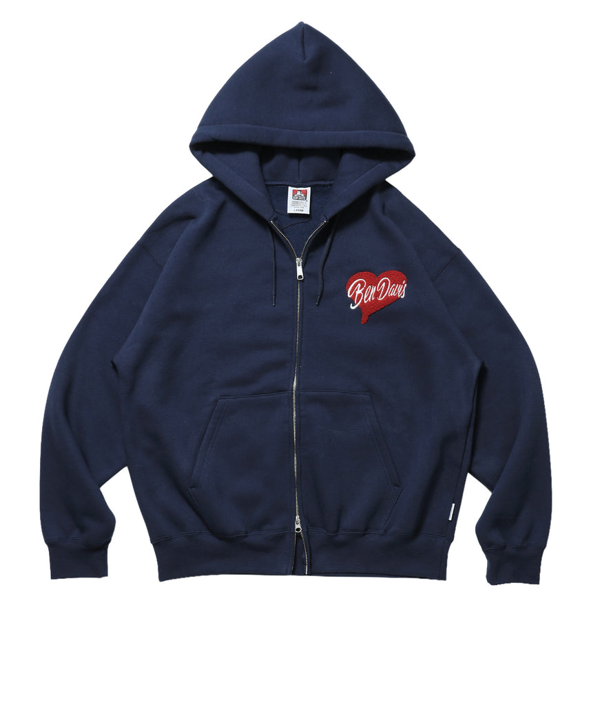 HEART CHENILLE ZIP HOODIE / ジップパーカー フード ハート チェニール 刺繍 裏起毛 ユニセックス ネイビー