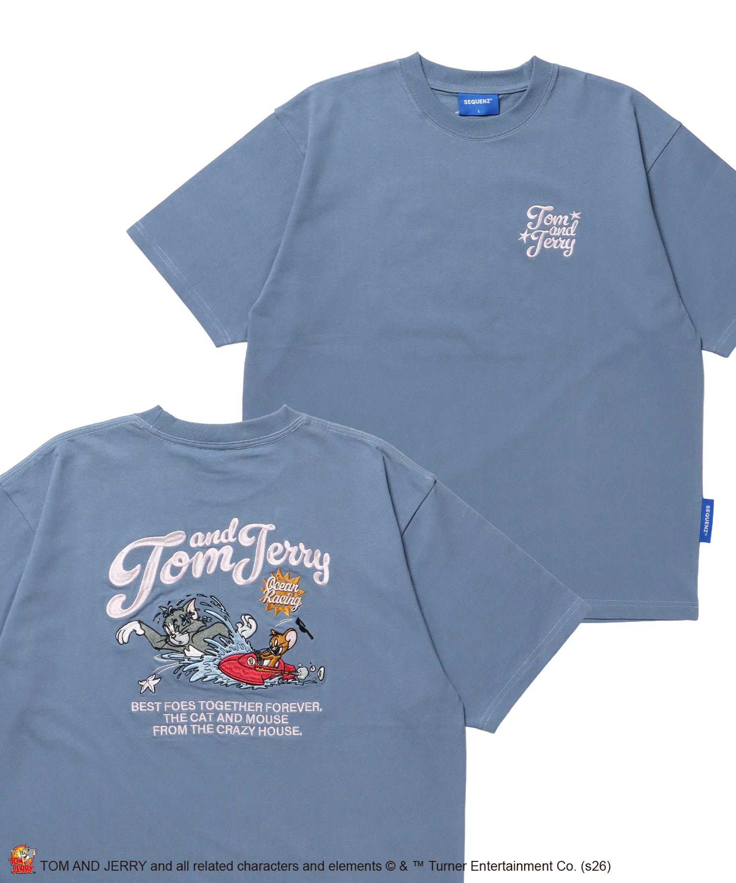 TJ SWIMMING EMB. TEE / トムとジェリー 半袖 クルーネック 刺繍 ワンポイント ユニセックス オーバーサイズ レイヤード サックスブルー