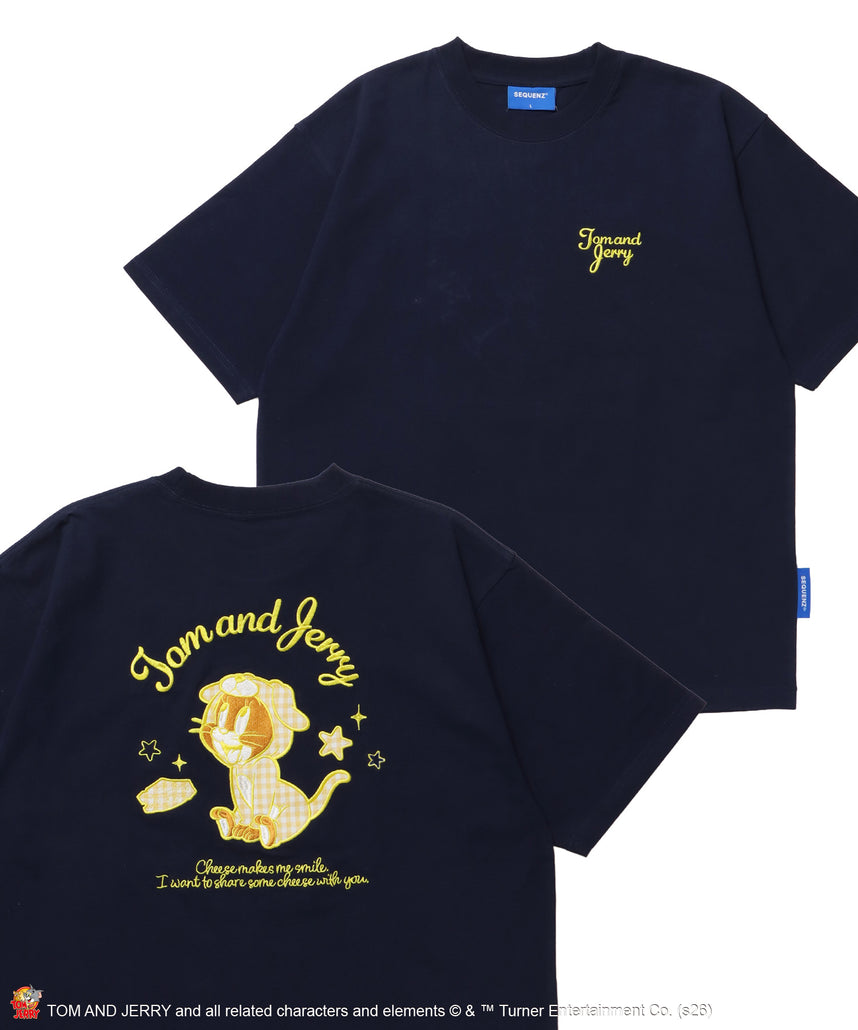 TJ GINGHAM DOG TEE / トムとジェリー 半袖 クルーネック 刺繍 ワンポイント ワッペン ユニセックス オーバーサイズ レイヤード ダークネイビー