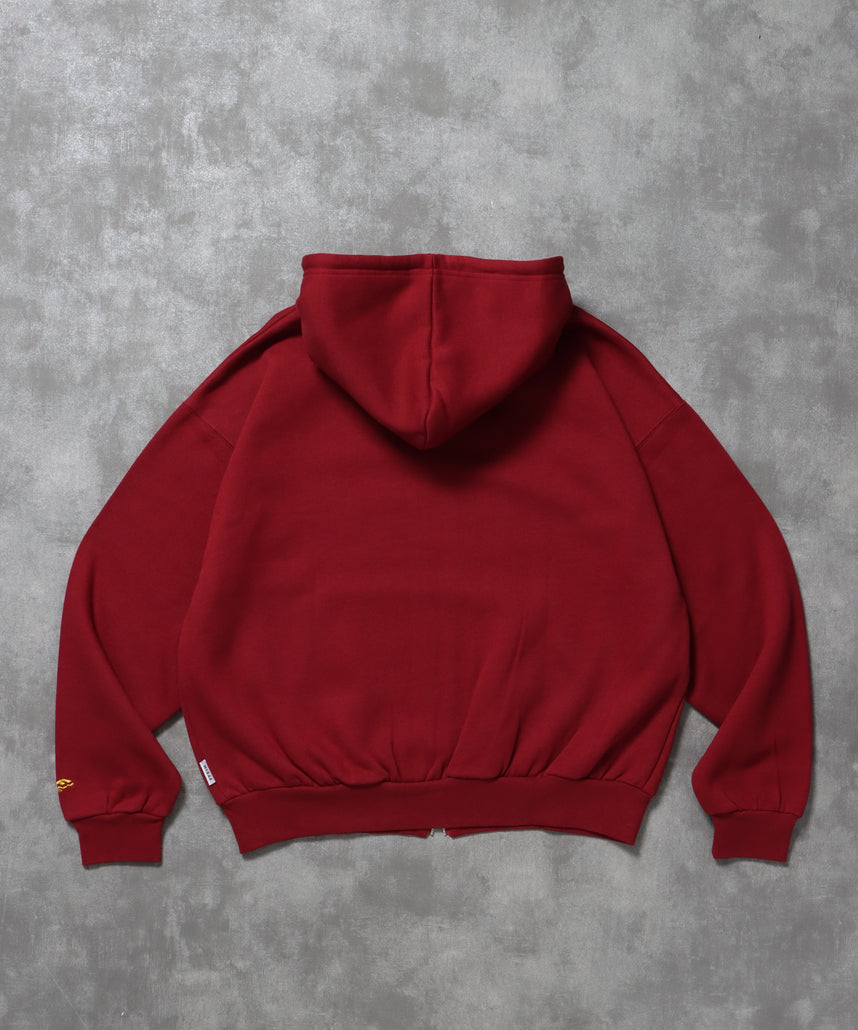 ヘビーウエイトセンターロゴ刺繍ZIPパーカー / パーカー 裏起毛 ジップ 刺繍 ロゴ フーディ バブルジップ ワイン