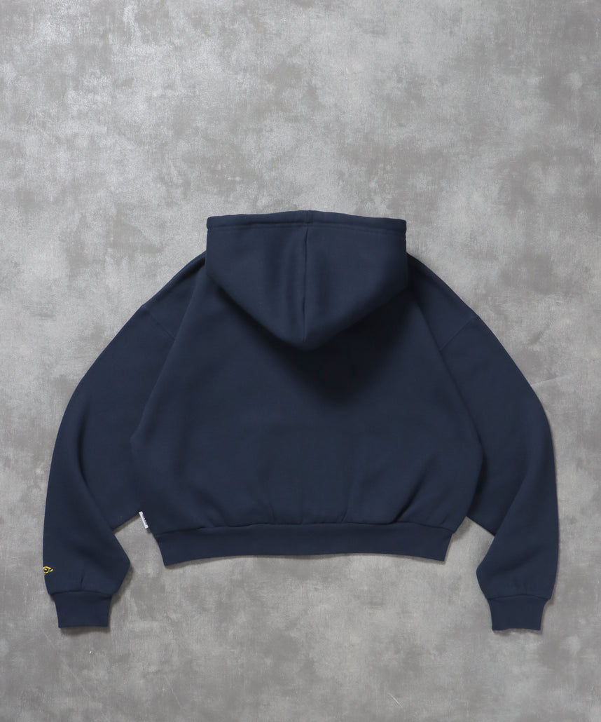 センター3D刺繍立体フードショート丈ZIPパーカー / レディース パーカー 裏起毛 ヘビーウエイト フーディ ダブルジップ 【短丈】 ネイビー