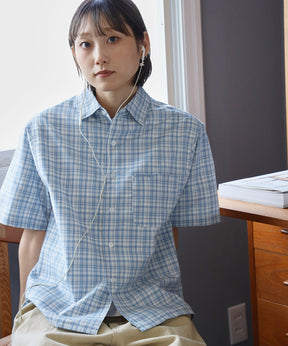 アソートワンポイントボックス半袖チェックシャツ / シャツ レギュラーカラー 半袖 ワンポイント 刺繍 レイヤード ポケット ライトブルー