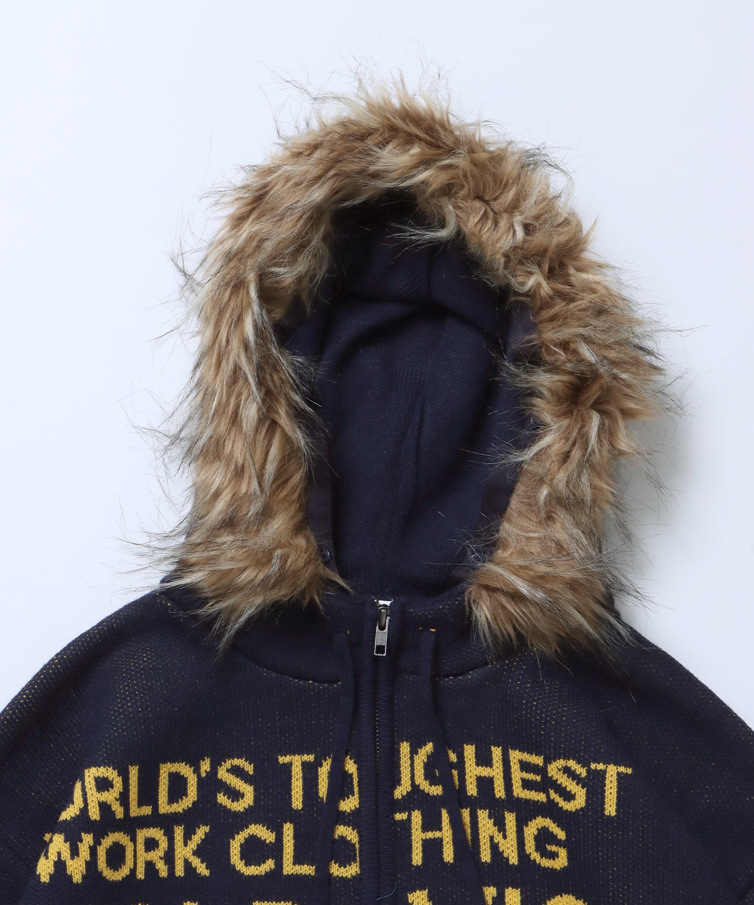 FAUX FUR TRIM KNIT JACKET / オーバーサイズ ニット ファー ジップパーカー フーディ ダブルジップ ネイビー
