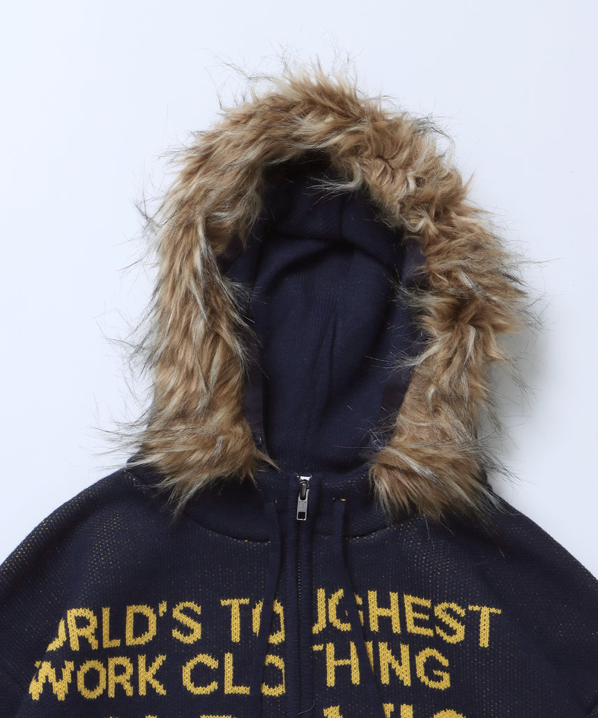 FAUX FUR TRIM KNIT JACKET / オーバーサイズ ニット ファー ジップパーカー フーディ ダブルジップ ネイビー