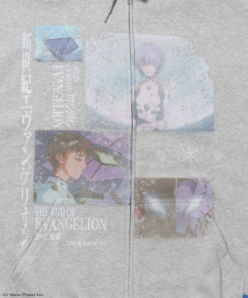 EVA BEST SCENE ZIP PK / オーバーサイズ ビッグシルエット ジップパーカー 刺繍 プリント フーディ 裏起毛 ユニセックス グレー