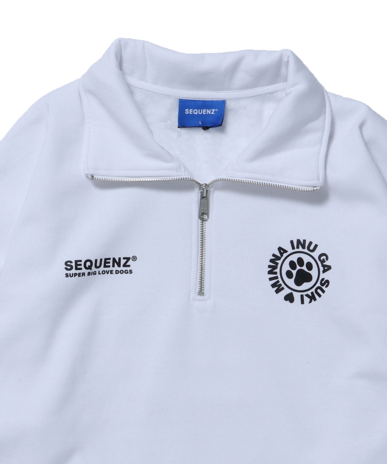 【SEQUENZ】 INU GA SUKI 1/3 ZIP SWEAT / 犬が好き バックロゴ ハーフジップ スウェット DOG ホワイト
