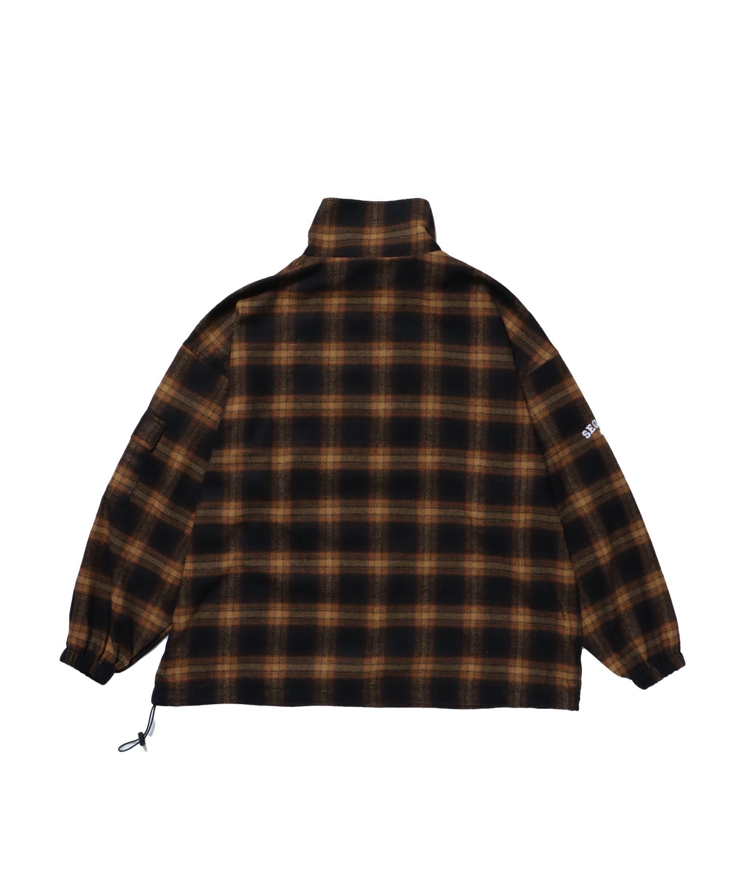 【SEQUENZ】 OMBLE MILITARY 1/3 ZIP JACKET / オンブレチェック ワンポイント ハーフジップ プルオーバー ドローコード キャメル