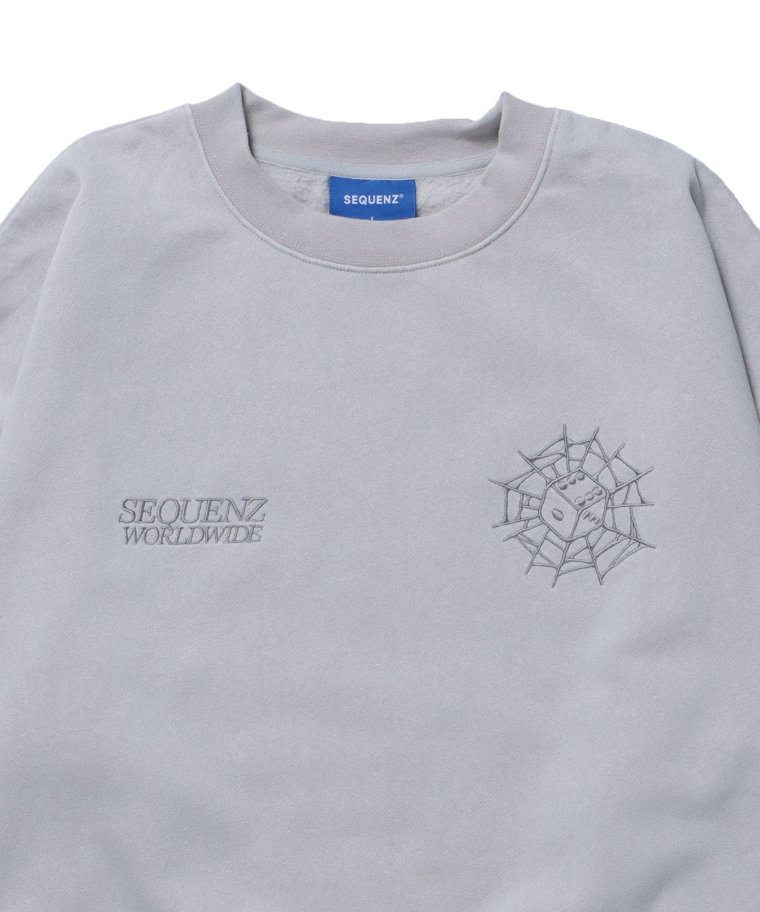 【SEQUENZ】 SPIDER WEB EMB. AGING C/N SWEAT / 古着風 ダイス オーバーサイズ クルーネック スウェット アイボリー