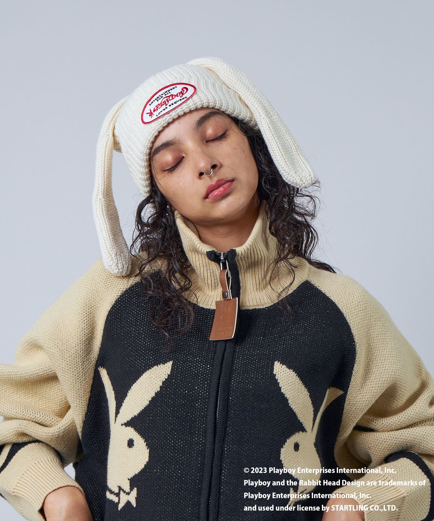 【SEQUENZ】 PLAYBOY BUNNY BEANIE / プレイボーイ うさ耳 地雷系 ワッペン バニーヘッド ニット帽 ビーニー 帽子 キャップ ホワイト