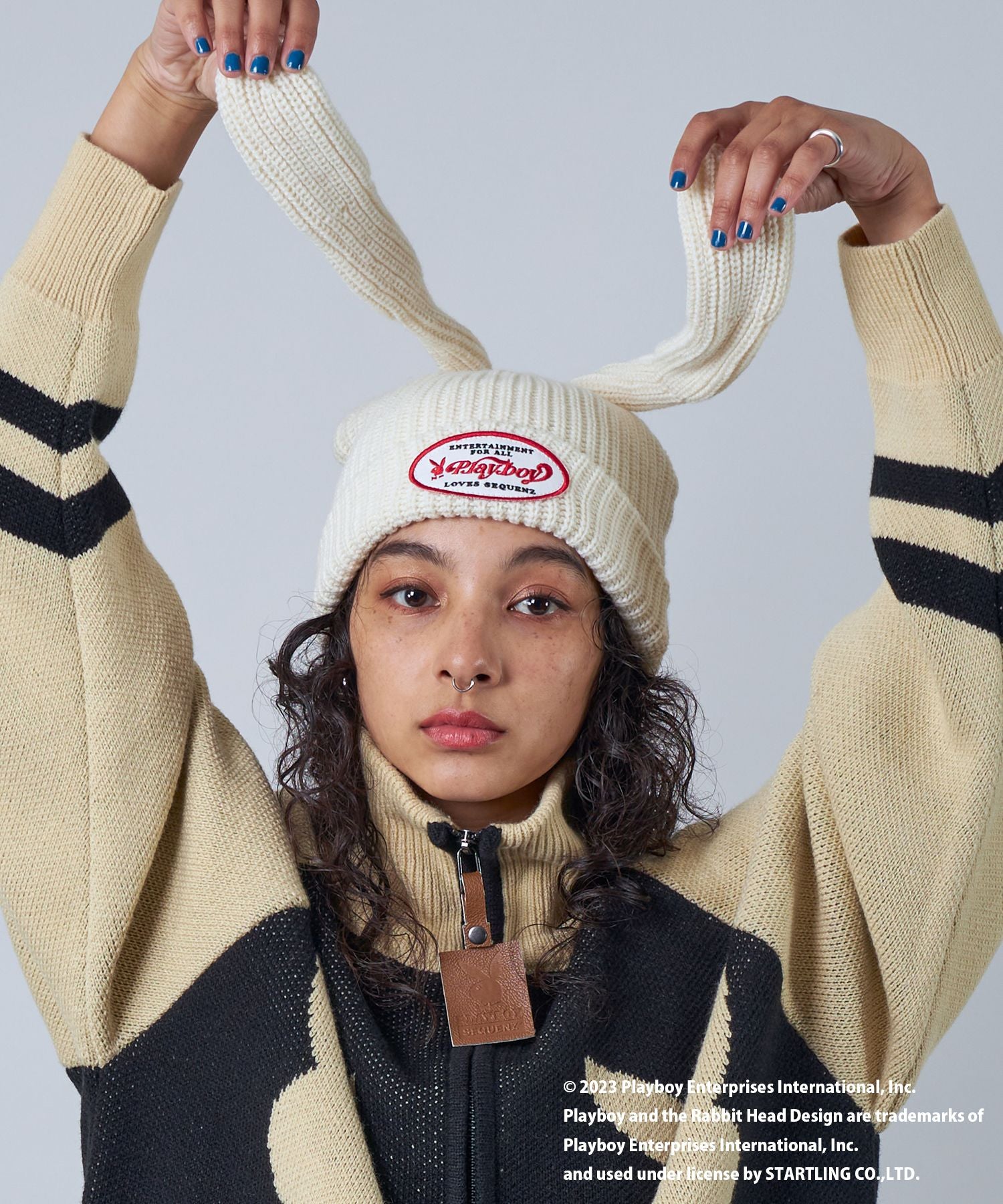 【SEQUENZ】 PLAYBOY BUNNY BEANIE / プレイボーイ うさ耳 地雷系 ワッペン バニーヘッド ニット帽 ビーニー 帽子 キャップ ホワイト