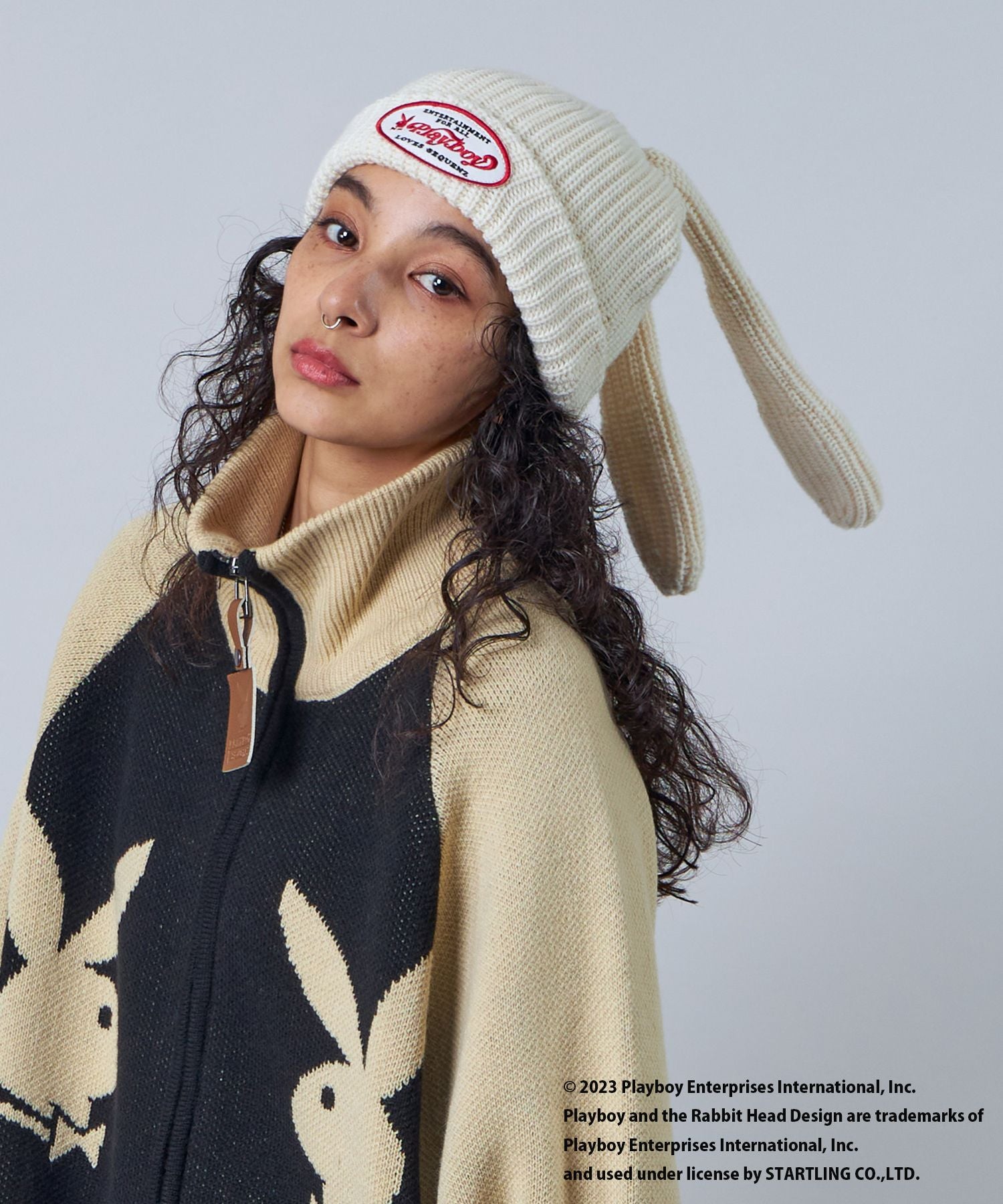 【SEQUENZ】 PLAYBOY BUNNY BEANIE / プレイボーイ うさ耳 地雷系 ワッペン バニーヘッド ニット帽 ビーニー 帽子 キャップ ホワイト