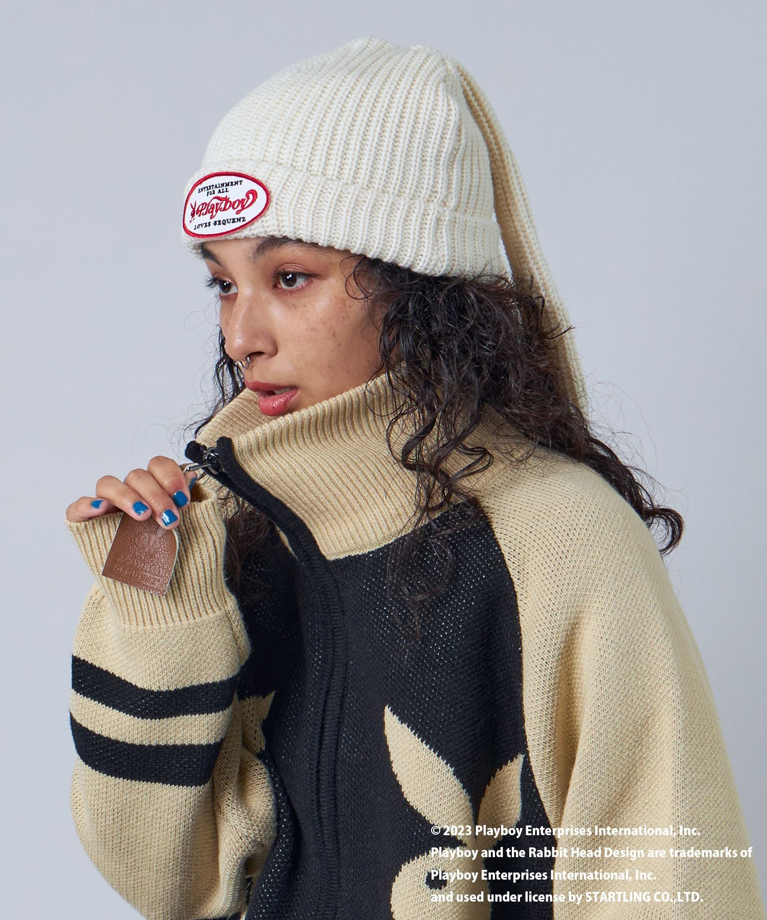 【SEQUENZ】 PLAYBOY BUNNY BEANIE / プレイボーイ うさ耳 地雷系 ワッペン バニーヘッド ニット帽 ビーニー 帽子 キャップ ホワイト
