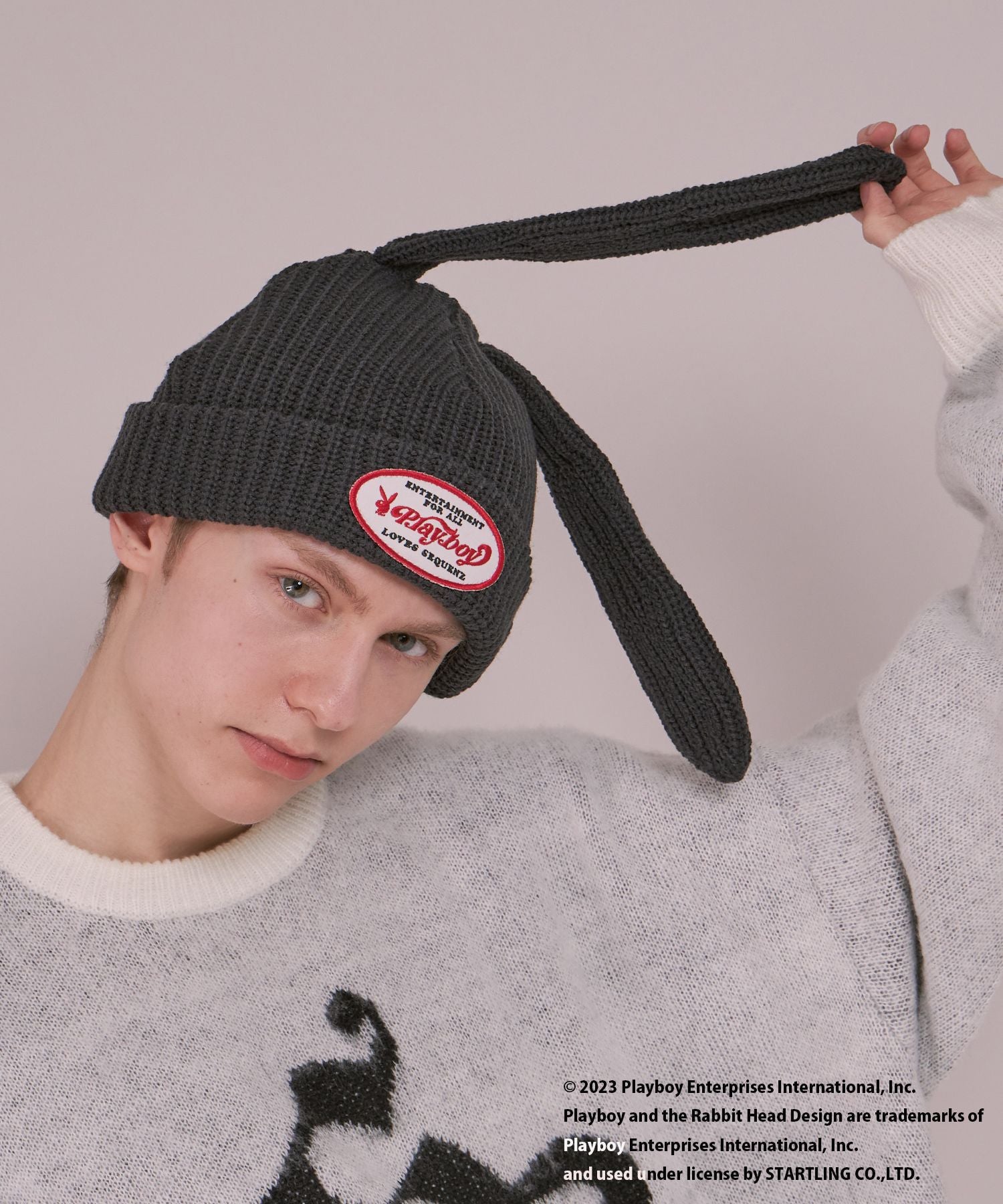 【SEQUENZ】 PLAYBOY BUNNY BEANIE / プレイボーイ うさ耳 地雷系 ワッペン バニーヘッド ニット帽 ビーニー 帽子 キャップ ブラック
