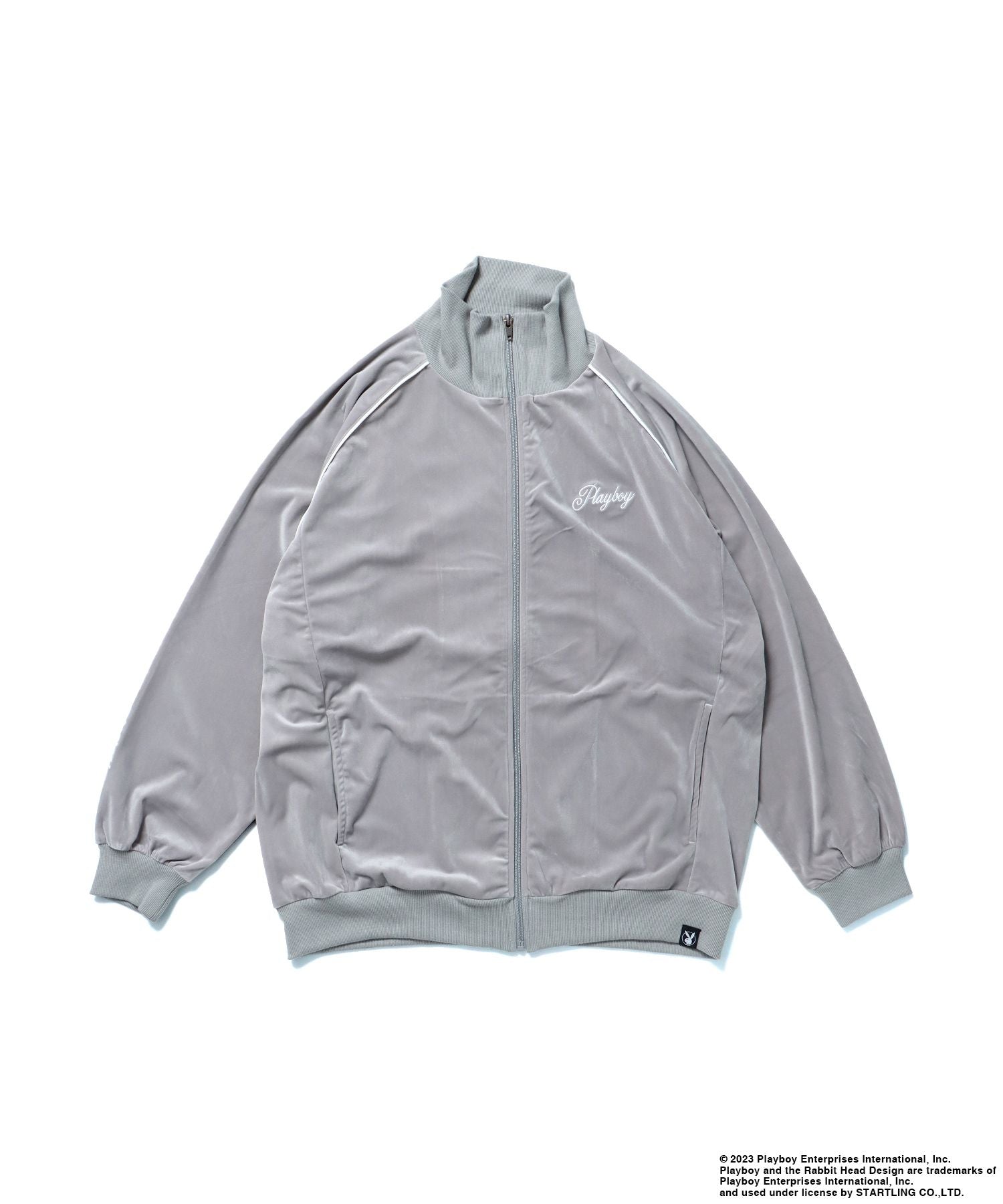 【SEQUENZ】 PLAYBOY SHINY TRUCK JACKET / プレイボーイ トラックジャケット 刺繍 ベロア ダイス バニー ライトグレー