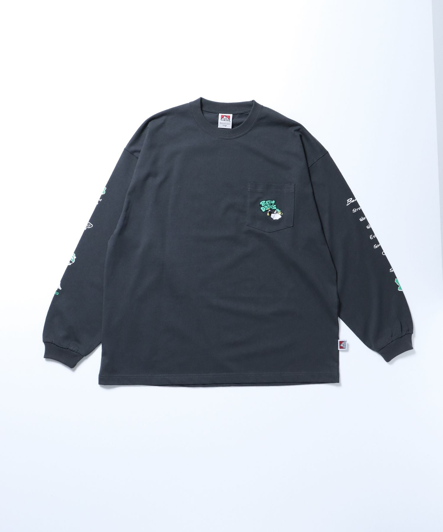 【BEN DAVIS(ベンデイビス)】ロゴ バックプリント 刺繍 ワンポイント クルーネック ロンT チャコール