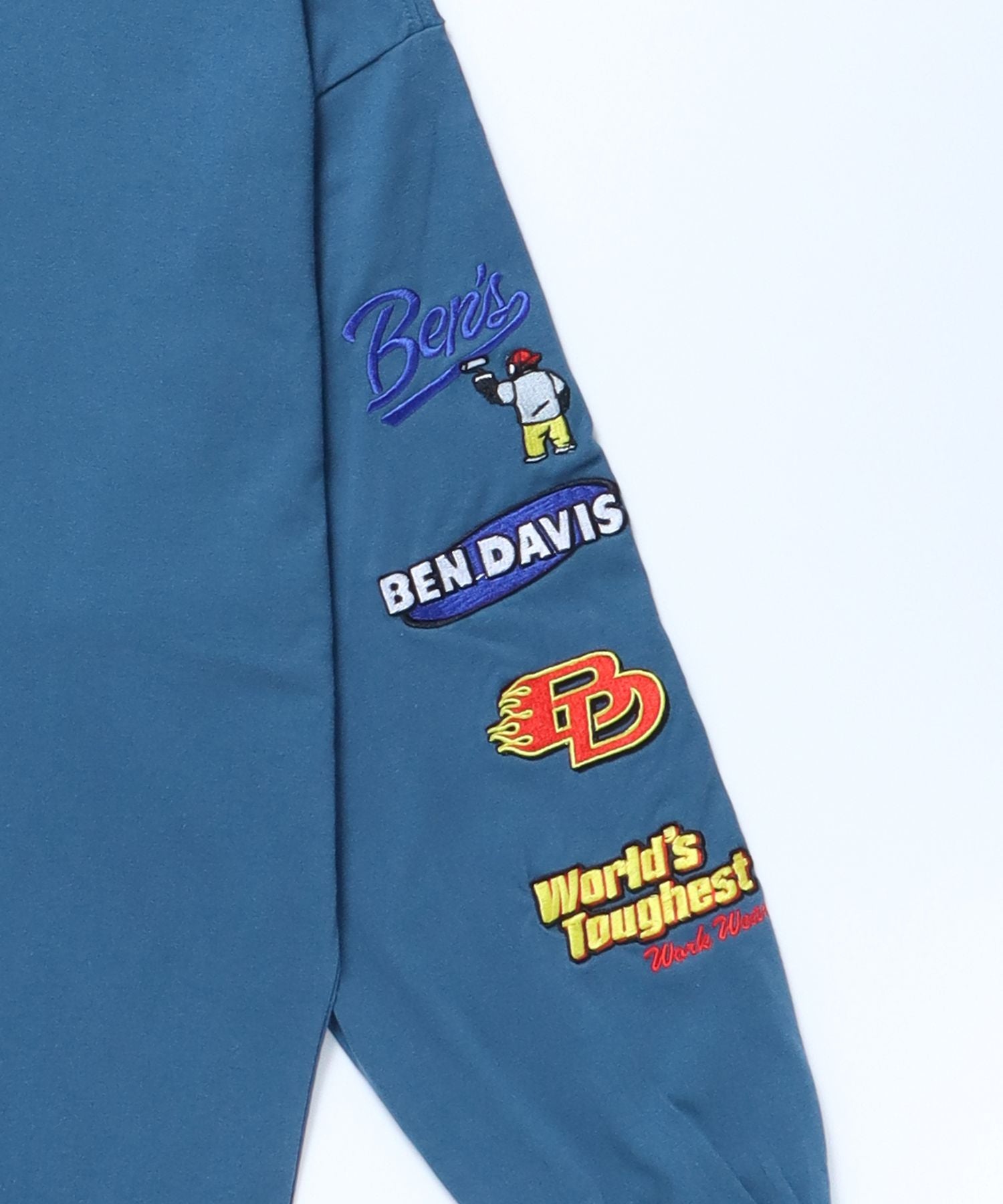 【BEN DAVIS(ベンデイビス)】 SPONSORED EMB L/S TEE(WIDE) / ロゴ バイカー プリント 刺繍 ブランド ロンT クルーネック ブルー