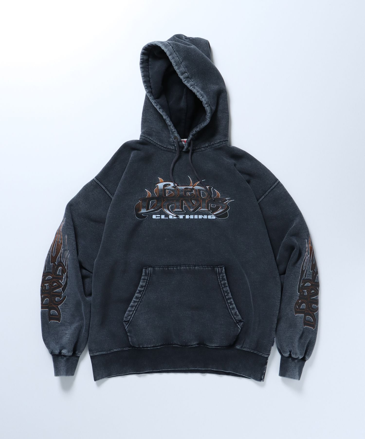 【BEN DAVIS(ベンデイビス)】 FLAME GRAPHIC FADED HOODIE / 製品ブリーチ加工 プリント ファイヤー ヴィンテージ パーカー ブラック