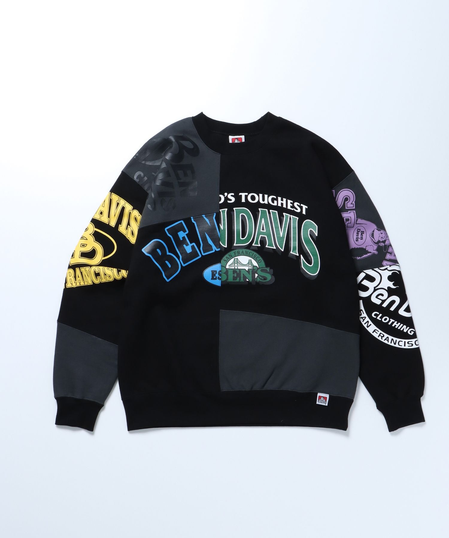 【BEN DAVIS(ベンデイビス)】 FRANKEN CREW SWEAT / ロゴ ビッグ ラバー スウェット パッチワーク クルーネック ブラック