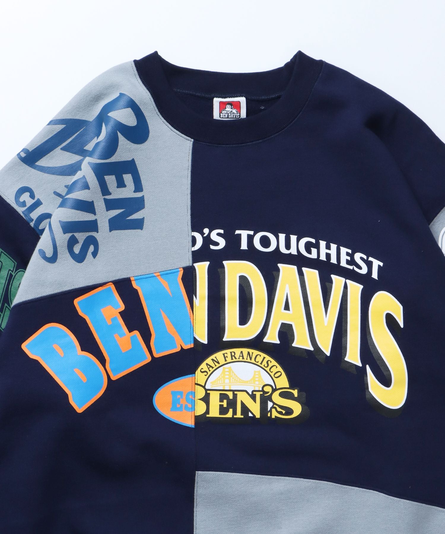 【BEN DAVIS(ベンデイビス)】 FRANKEN CREW SWEAT / ロゴ ビッグ ラバー スウェット パッチワーク クルーネック ネイビー