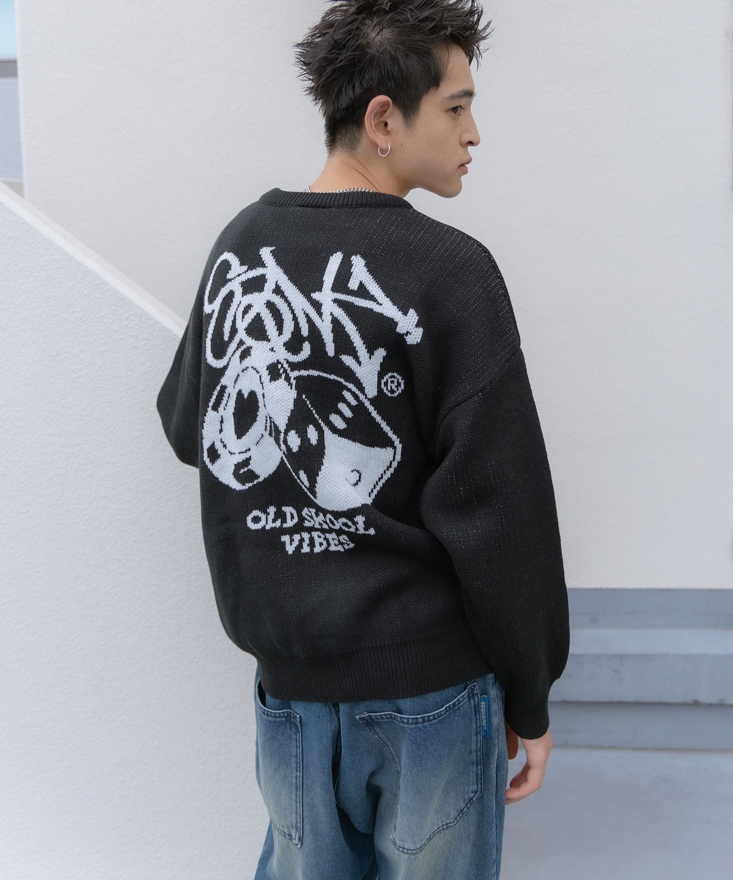 【SEQUENZ】 OLD SKOOL SWEATER / ダイス ハート ビックシルエット クルーネック ニット ブラック