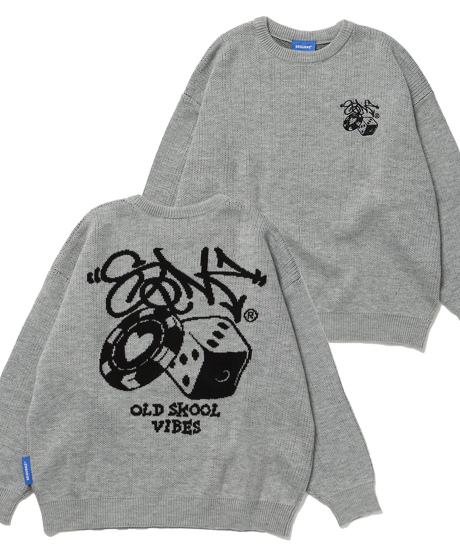 【SEQUENZ】 OLD SKOOL SWEATER / ダイス ハート ビックシルエット クルーネック ニット グレー