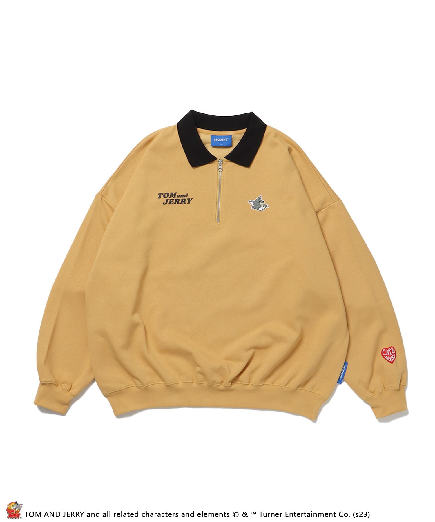 【SEQUENZ】TOM and JERRY PEAR HALF ZIP POLO SWEAT / トムとジェリー ストリート 古着風 ロゴ ペアコーデ ハーフジップ プルオーバー キャメル