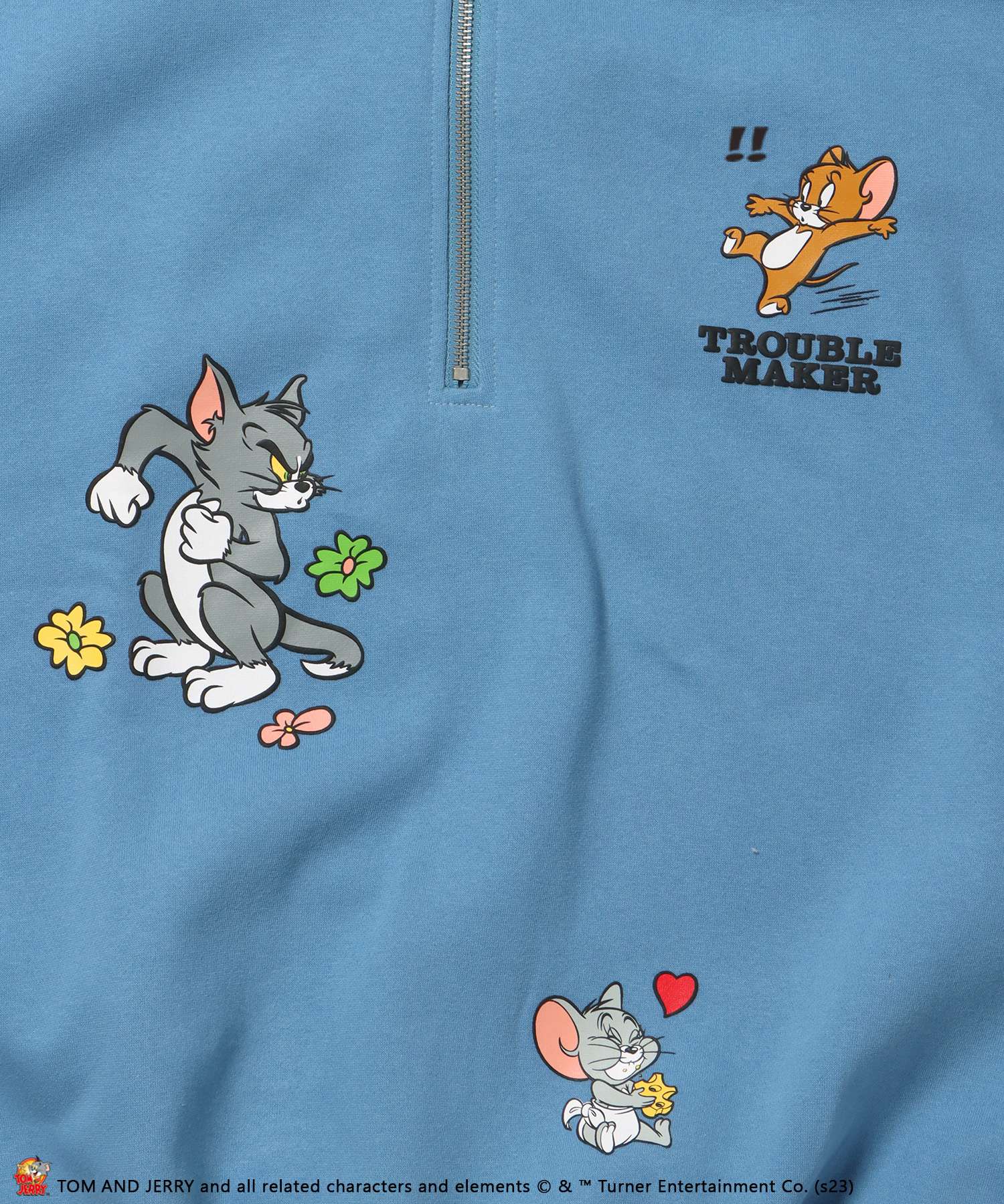 TOM and JERRY CHASE HALF ZIP SWEAT / トムとジェリー ストリート 古着風 ロゴ ペアコーデ プルオーバー バーフジップ ターコイズブルー
