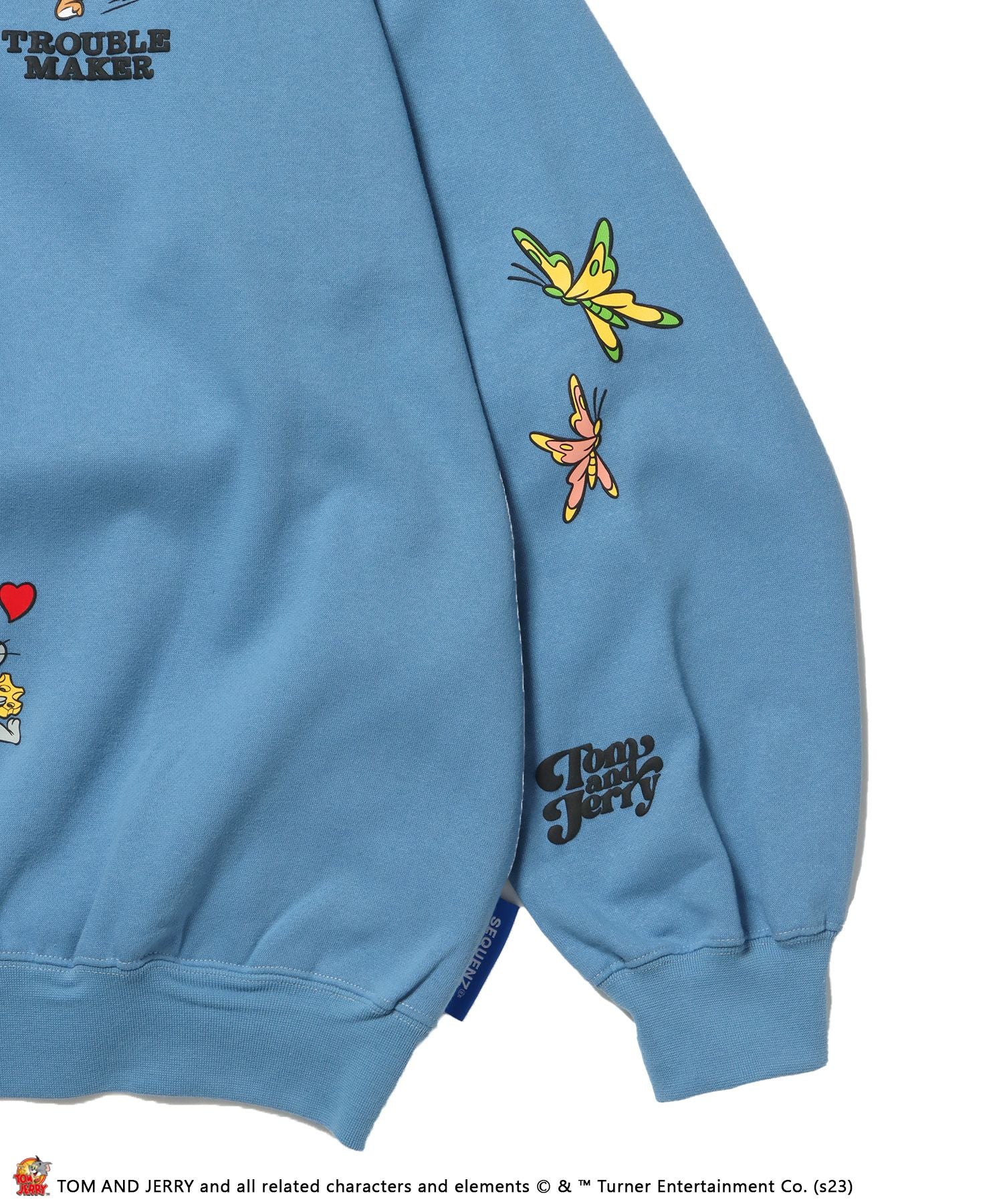 TOM and JERRY CHASE HALF ZIP SWEAT / トムとジェリー ストリート 古着風 ロゴ ペアコーデ プルオーバー バーフジップ ターコイズブルー