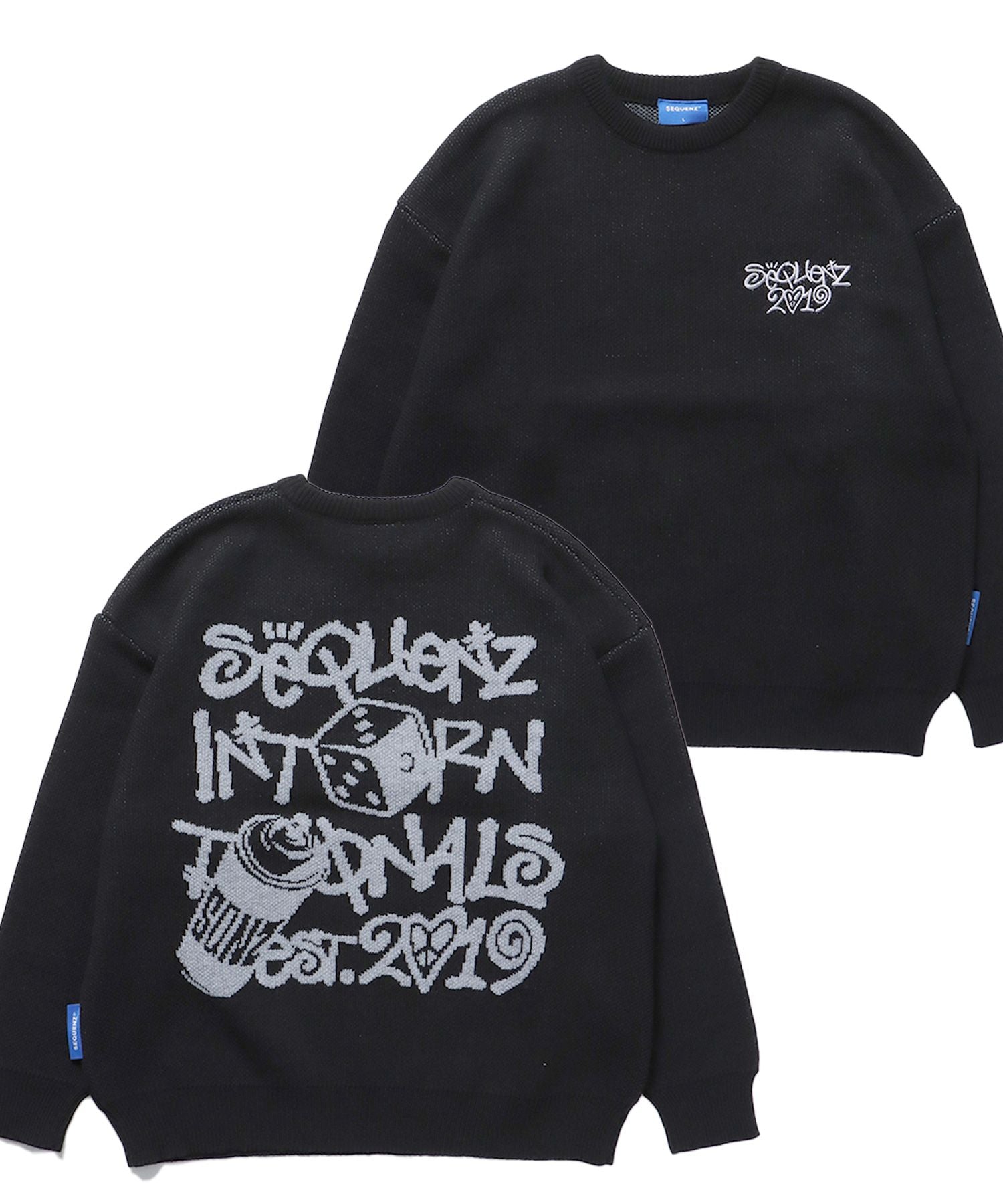【SEQUENZ】 DICE&SPRAY SWEATER / ダイス ハート ビックシルエット クルーネック プルオーバー ニット ブラック