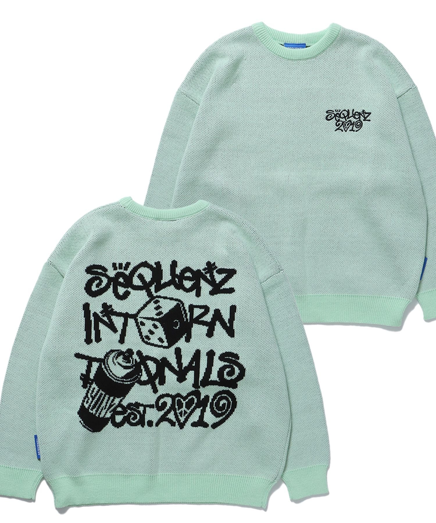 【SEQUENZ】 DICE&SPRAY SWEATER / ダイス ハート ビックシルエット クルーネック プルオーバー ニット ミント