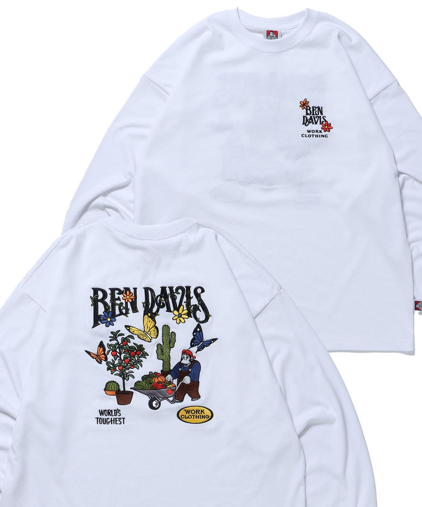 【BEN DAVIS(ベンデイビス)】 HARVEST BRUSHED LS / ブランドロゴ 刺繍 フラワー ロンT クルーネック ドロップショルダー 長袖 Tシャツ ホワイト