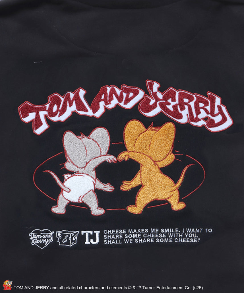 TJ HOODED STADIUM JACKET / 2WAY スタジャン フード取り外し可能 ドロップショルダー ワッペン 刺繍 ブラック