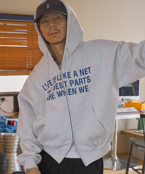 ヘビーウエイトぼかしロゴジップパーカー / パーカー 裏起毛 ジップ 刺繍 ロゴ フーディ ダブルジップ アッシュグレー