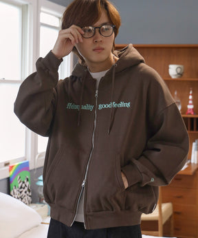 ヘビーウエイトセンターロゴ刺繍ZIPパーカー / パーカー 裏起毛 ジップ 刺繍 ロゴ フーディ バブルジップ ブラウン