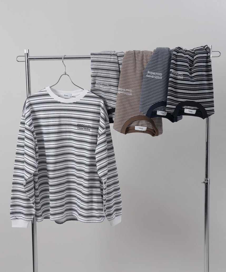 ロゴ刺繍マルチボーダーロングスリーブTシャツ / リンガー 配色 マルチボーダー 刺繍 ブランドロゴ 長袖 ホワイト