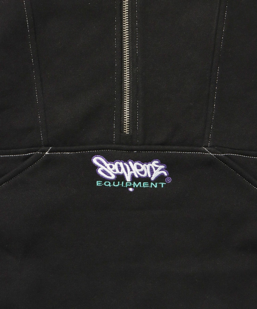 90s 1/2 ZIP SWEAT / 裏起毛 オーバーサイズ プルオーバー スウェット ルーズシルエット ハーフジップ 刺繍 ポケット ジップアップ セットアップ ブラック ≪SET UP着用可能≫