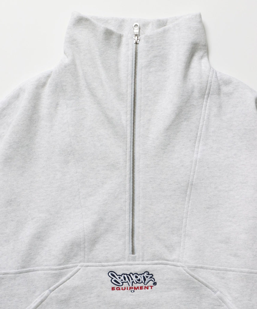 90s 1/2 ZIP SWEAT / 裏起毛 オーバーサイズ プルオーバー スウェット ルーズシルエット ハーフジップ 刺繍 ポケット ジップアップ セットアップ アイボリー ≪SET UP着用可能≫