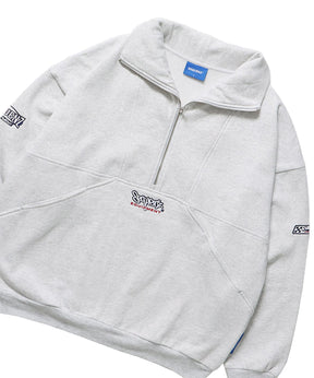90s 1/2 ZIP SWEAT / 裏起毛 オーバーサイズ プルオーバー スウェット ルーズシルエット ハーフジップ 刺繍 ポケット ジップアップ セットアップ アイボリー ≪SET UP着用可能≫