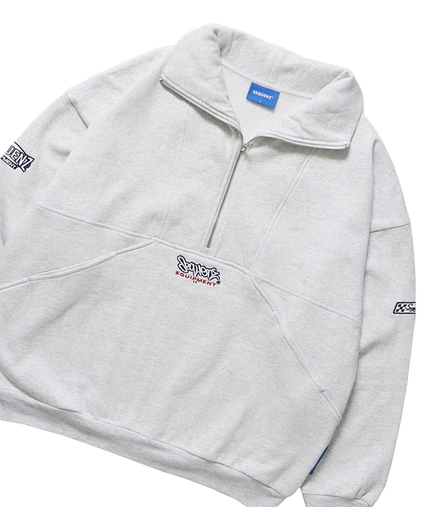 【SEQUENZ】 90s 1/2 ZIP SWEAT / 裏起毛 オーバーサイズ プルオーバー スウェット ルーズシルエット ハーフジップ 刺繍 ポケット ジップアップ アイボリー