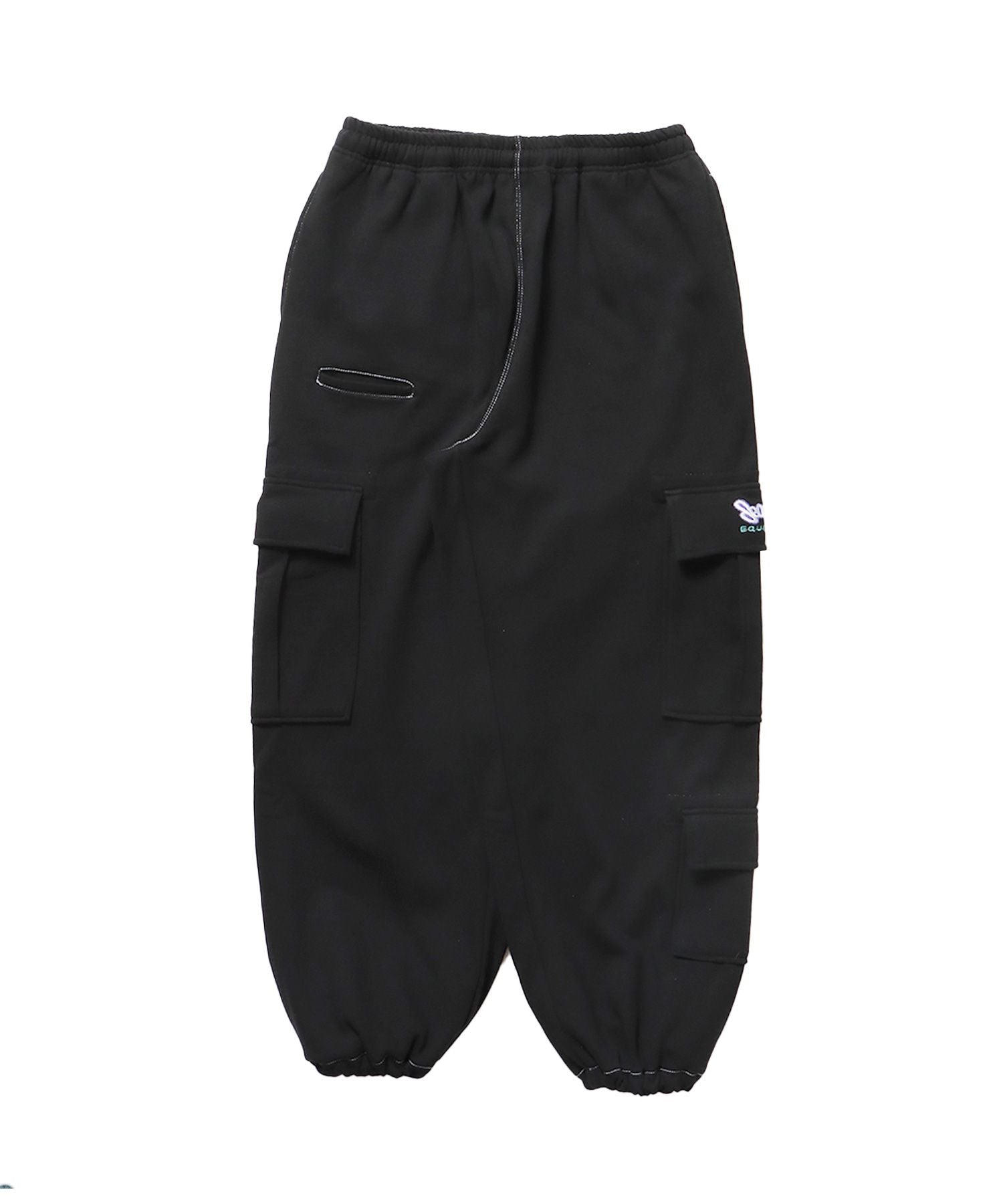 【SEQUENZ】 90s UTILITY CARGO SWEAT PANTS / ロゴ 刺繍 カーゴ ポケット スウェット パンツ ドローコード ブランドネーム ワイドシルエット ブラック