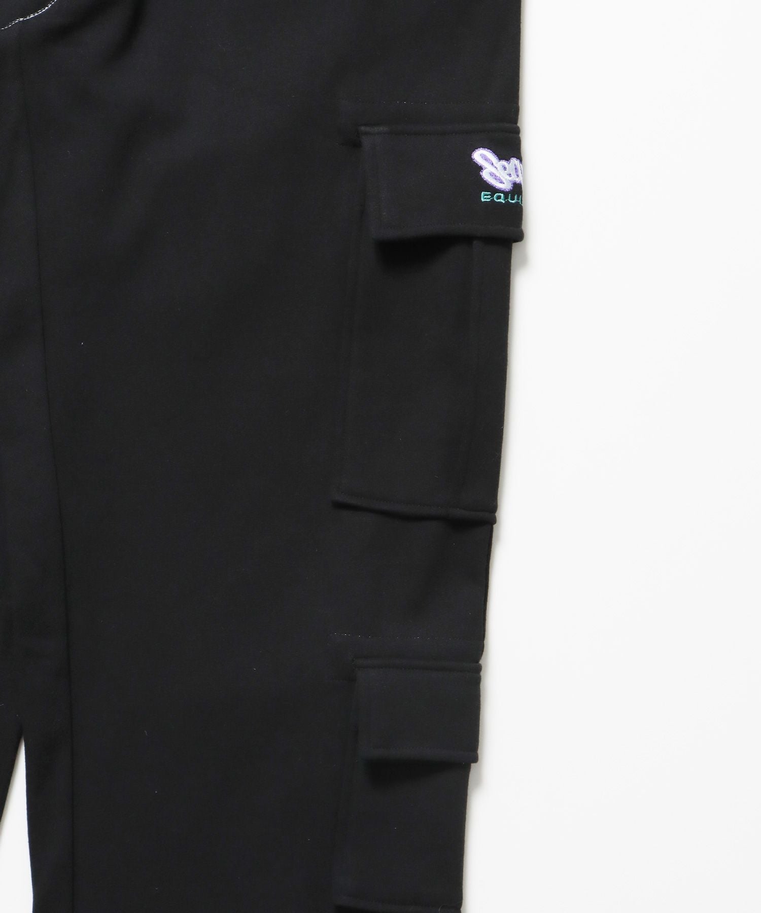 90s UTILITY CARGO SWEAT PANTS / ロゴ 刺繍 カーゴ ポケット スウェット パンツ ドローコード ワイドシルエット セットアップ ブラック ≪SET UP着用可能≫