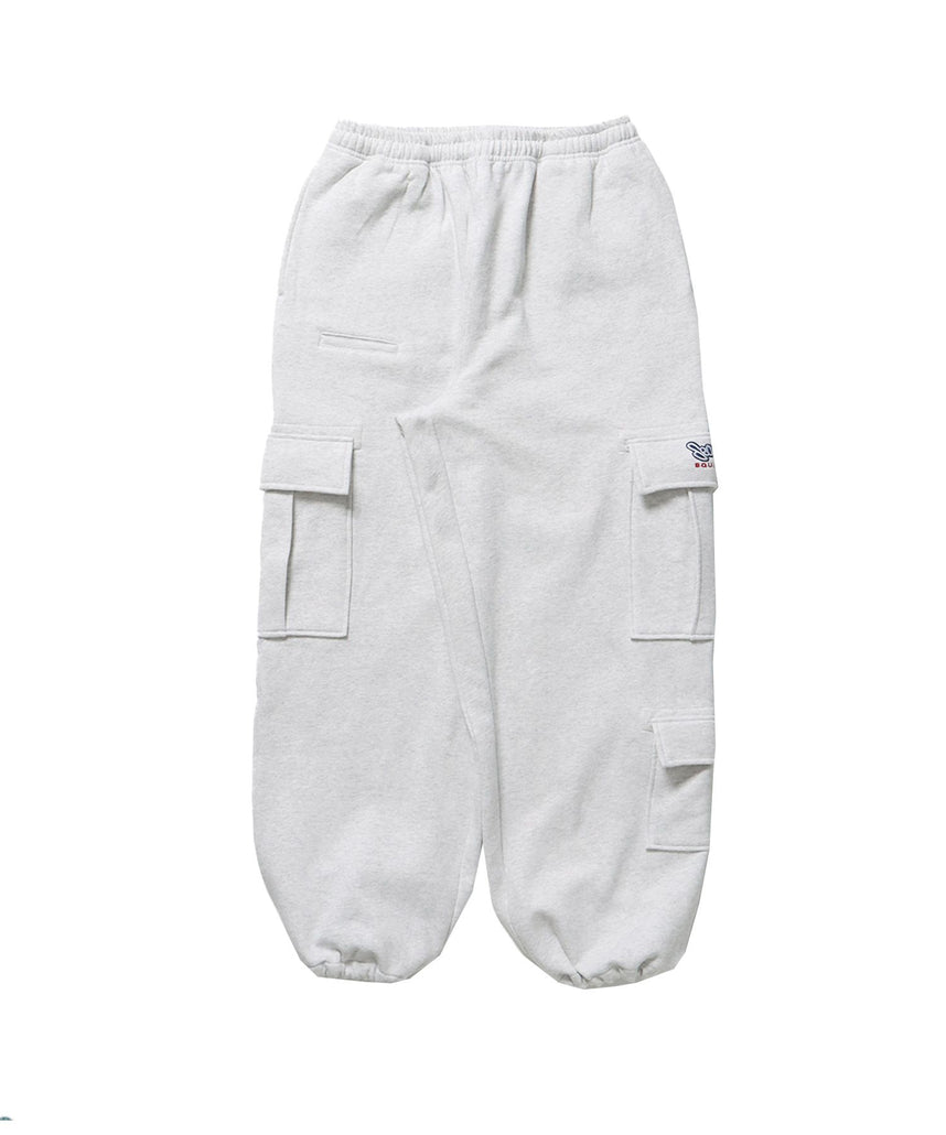 【SEQUENZ】 90s UTILITY CARGO SWEAT PANTS / ロゴ 刺繍 カーゴ ポケット スウェット パンツ ドローコード ブランドネーム ワイドシルエット アイボリー