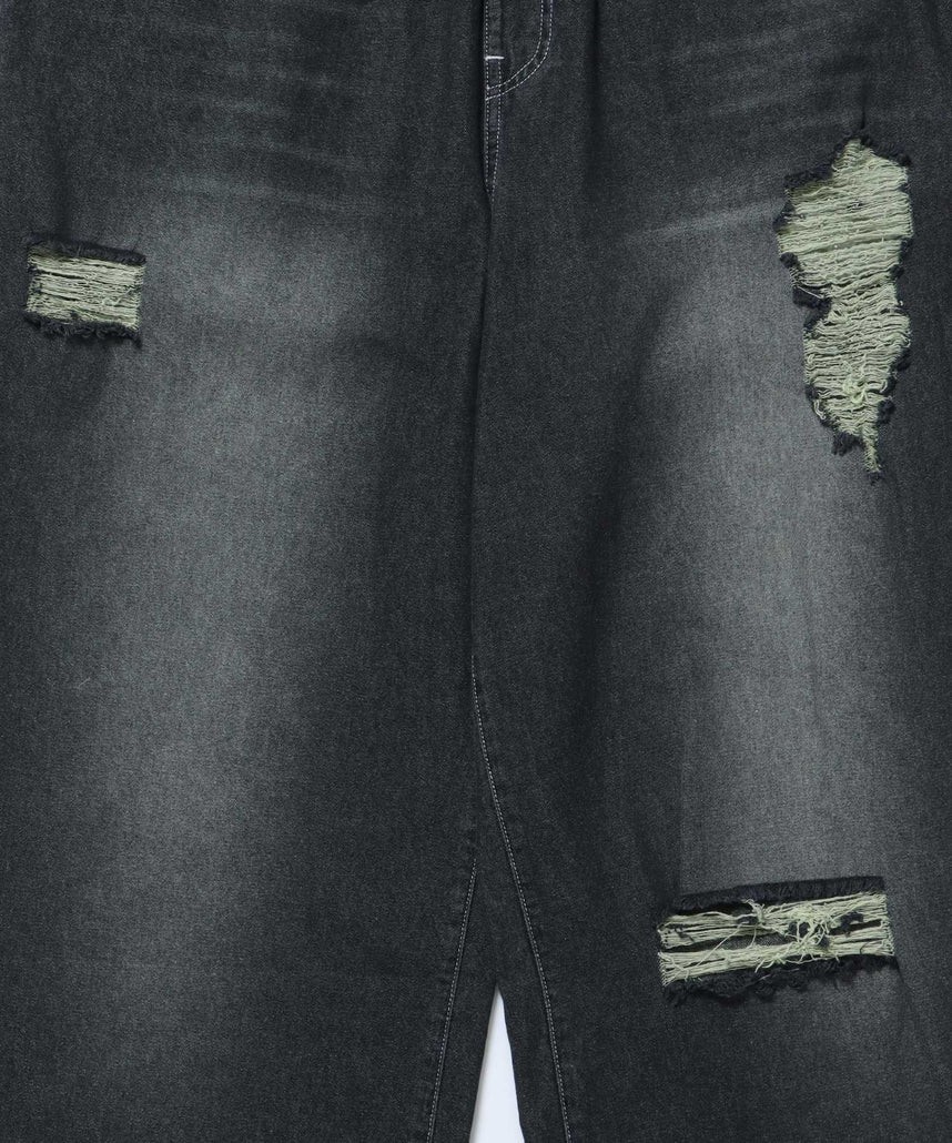 WASHED LIGHT SLUB DENIM EASY PANTS / デニム 刺繍 オーバーダイ フェード ワイド　ダメージ ブラック