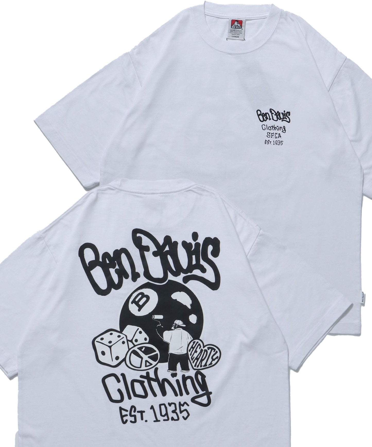 【BEN DAVIS(ベンデイビス)】BALL ETC VNTG TEE / クルーネック 半袖Tシャツ ハッピー モチーフ バップリント 胸ワンポイント Tシャツ 8ボール ホワイト