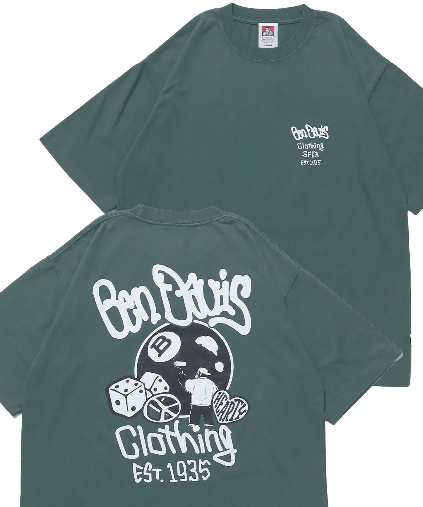 【BEN DAVIS(ベンデイビス)】BALL ETC VNTG TEE / クルーネック 半袖Tシャツ ハッピー モチーフ バップリント 胸ワンポイント Tシャツ 8ボール ダークグリーン