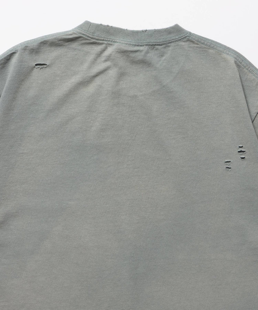 BLUR LOGO DAMAGE S/S TEE / ダメージ Tシャツ グランジ 加工 ブランドロゴ プリント 半袖 ライトグレー